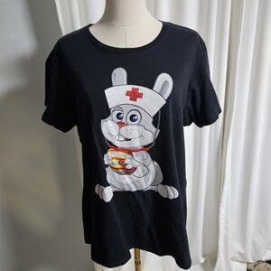 Black Short Sleeve Women's Tee with Bunny Print. Fits More Like A Large
